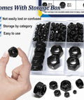 180 Pack Black Lock Nuts Assortment Kit M3 Through M12 Nylon Insert Nylock Nuts 304 Stainless Steel Standard Threads shown in a storage box