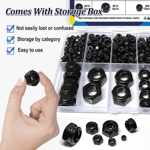 180 Pack Black Lock Nuts Assortment Kit M3 Through M12 Nylon Insert Nylock Nuts 304 Stainless Steel Standard Threads shown in a storage box