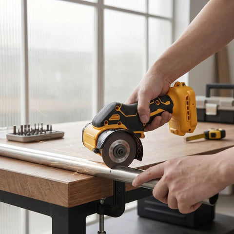 Heavy Duty Portable Three Inch Cordless Angle Grinder And Mini Circular Saw Featuring Badass Brushless Motor dual mode cutting metal.