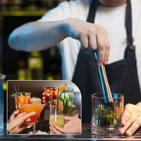 Bartender using 8 Inch Stainless Steel Cocktail Muddler For Mojitos And Fruit Drinks Heavy Duty Bar Tool For Home Bar And Kitchen Lemon Smasher