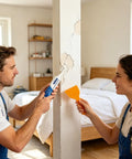 Two people using Fast Drying Wall Repair Putty Kit For Holes And Cracks Drywall Patch And Mending Compound on an interior wall.