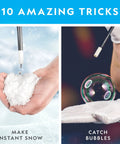Magic Chemistry Kit For Kids With 10 Mind Blowing Tricks showing instant snow and bubble experiments in hand.