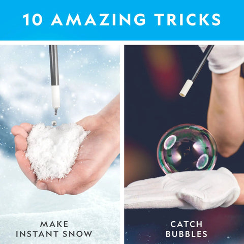 Magic Chemistry Kit For Kids With 10 Mind Blowing Tricks showing instant snow and bubble experiments in hand.