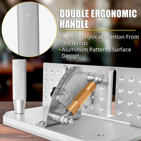 Close-up of Heavy Duty Pro Grade Belt Grinder Knife Jig with double ergonomic handle and adjustable angle feature.