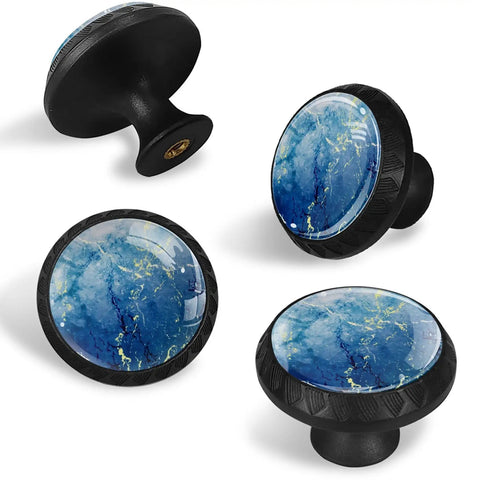 Marble Pattern Cabinet Knobs 4 Pack Round Single Hole Drawer Pulls For Kitchen Cupboards And Bedroom Drawers shown from various angles with black base.