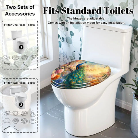 Elongated Peacock Perched Branch Blooming Flowers Vibrant Toilet Seat on standard toilet with adjustable hinges.