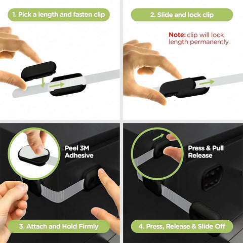 Installation steps for Eight Pack Kidproof Cabinet Locks With 3M Adhesive Peel And Stick Easy Install One Hand Release For Cabinets And Drawers Super Strong Bond No Screws Or Drilling Keeps Toddlers Out While Adult Access Is Quick