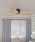 No Light 52 Inch Ceiling Fan With Remote, Low Profile Flush Mount in bedroom with natural wood finish blades