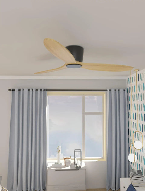 No Light 52 Inch Ceiling Fan With Remote, Low Profile Flush Mount in bedroom with natural wood finish blades