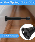 Two Pack Rock Solid Heavy Duty Spring Door Stops With Flexible Adjustable Range From Three And One Sixteenth Inches To Four And Eleven Sixteenths Inches Black Wall Mount Door Stops With Rubber Bumper installed view