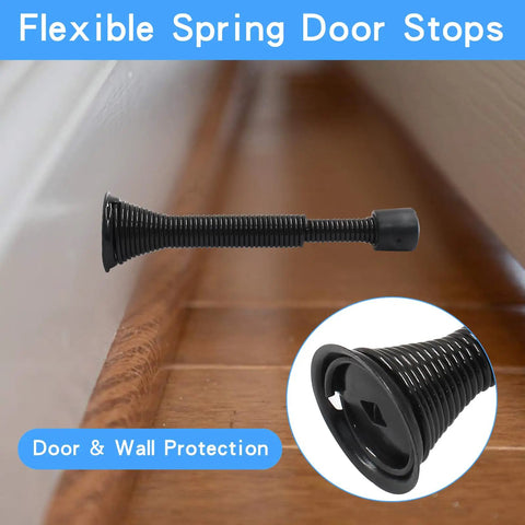 Two Pack Rock Solid Heavy Duty Spring Door Stops With Flexible Adjustable Range From Three And One Sixteenth Inches To Four And Eleven Sixteenths Inches Black Wall Mount Door Stops With Rubber Bumper installed view