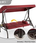 Three Seat Outdoor Porch Swing With Adjustable Canopy Convertible Patio Swing Bed With Stand Glider Swing With Upgraded Cup Holder And Thick Cushions For A Cozy Backyard Vibe In Wine Red