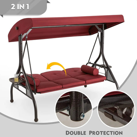 Three Seat Outdoor Porch Swing With Adjustable Canopy Convertible Patio Swing Bed With Stand Glider Swing With Upgraded Cup Holder And Thick Cushions For A Cozy Backyard Vibe In Wine Red