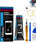 Phone Screen Repair Glue Kit With 50ml Black Adhesive And Disassembly Tools All In One Craft Adhesive Set For Electronics Phones And Tablets Fast Bonding Strong Hold Easy Cleanup DIY Friendly, showing glue tube, toolkit, and box packaging