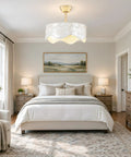 akiuzna Boho Shell Caged Ceiling Fan with Light and Remote, Fandelier in a cozy bedroom setting.