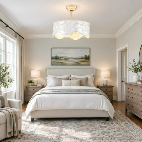 akiuzna Boho Shell Caged Ceiling Fan with Light and Remote, Fandelier in a cozy bedroom setting.