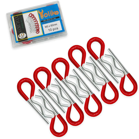 Beefy Ten Pack Heavy Duty Hitch Pins R Clips With Rubber Coated Grips 60mm Long 3mm Wire Diameter Spring Retaining Pins shown in packaging