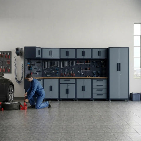 Tough As Nails 16 Piece Metal Garage Cabinet Collection featuring modular wall units and sturdy pegboard in an organized workshop.