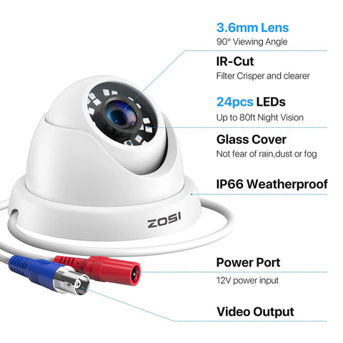 Four Pack 2MP 1080p HD TVI Dome Security Cameras Kit, IP66 weatherproof, 24 LED night vision, 90 degree wide view lens detail