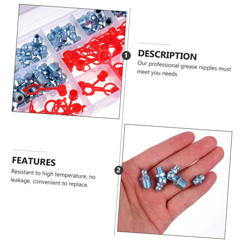 Zerk Fitting 100Pcs Assortment Kit with straight and grease nipples, zinc plated iron in hand and storage box compartments.