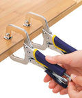 Four Pack 6.6 Inch Metal Face Clamps With Swivel Pad Heavy Duty And Rubber Handles Adjustable C Clamps Vise Grip in use on wood