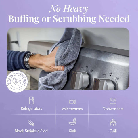 Stainless Steel Cleaner And Polish Bundle With USDA Biobased Formula cleaning a stainless steel stove with microfiber cloth