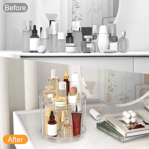 Rotating Makeup Organizer With Two Tier Lazy Susan Turntable For Vanity And Bathroom Counter, clear with cosmetics displayed