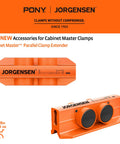 Parallel Clamp Extender For Cabinet Master Clamps, Beefy Aluminum Connector, 2200 Lb Capacity shown in orange finish