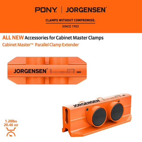 Parallel Clamp Extender For Cabinet Master Clamps, Beefy Aluminum Connector, 2200 Lb Capacity shown in orange finish