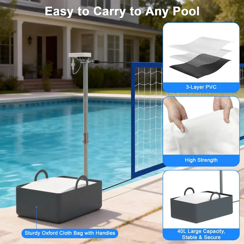 Pool Volleyball Net Set With LED Lights And Solar Panel For Lit Nights By The Pool Adjustable 15 To 32Foot Length Inground Pools Outdoor Backyard Water Volleyball Game Toy For Parties by a pool, showing Oxford cloth base, PVC layers.