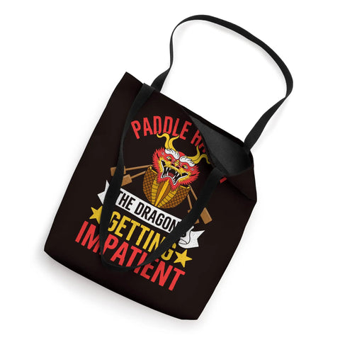 Paddle Harder Dragon Boat Racer Tote Bag For Teamwork Fans And Race Day Junkies, black tote with dragon design.