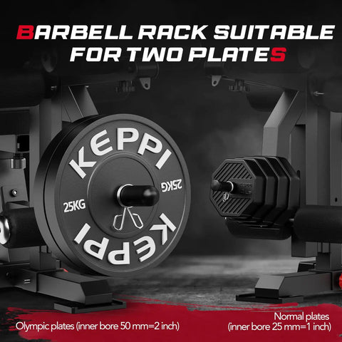 Close-up of barbell rack on Beefy 1200 Pound Capacity Weight Bench With Leg Extension And Curl, holding two Olympic weight plates.