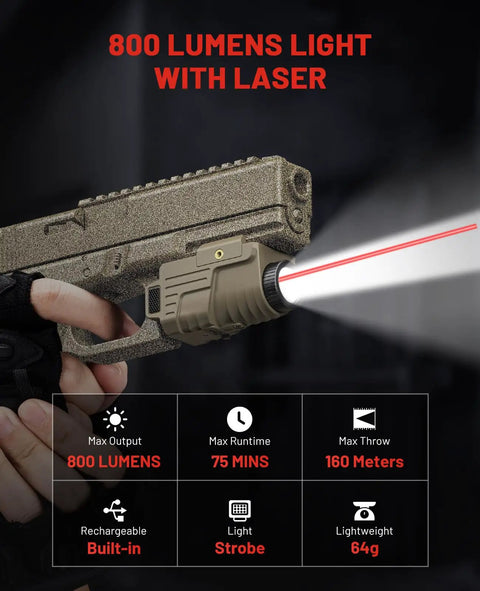 Beefed Up 800 Lumen Pistol Light With Red Laser USB Rechargeable Slidable Rail Mount on desert tan Glock