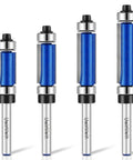 Four Piece Flush Trim Router Bit Set With Top And Bottom Bearings One Quarter Inch Shank Carbide Cutter For Veneer And Laminate Shelf Edge Trimming Cutting Diameter Half Inch Lengths Three Quarters To One And A Half Inch, shown in various sizes