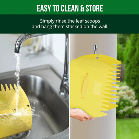 Heavy Duty Leaf Scoops And Hand Rakes For Quick Yard Cleanup, Giant 15 Inch By 12 Inch Leaf Grabbers being rinsed and hung