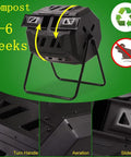 45 Gallon Rotating Compost Tumbler Bin With Large Dual Chamber, animal proof sliding door, outdoor garden composter shown.