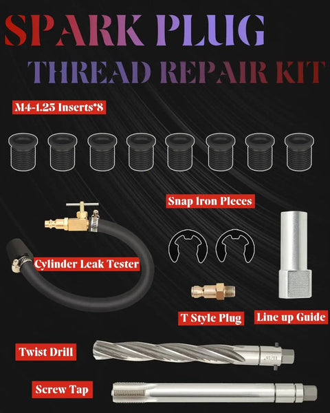 Two Valve Triton Spark Plug Thread Repair Kit With No Brainer System and M14-1.25 inserts, tools visible on black background