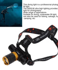 Lit 5000LM LED Rechargeable Headlamp For Scuba Diving With 5 Lighting Modes IPX8 Waterproof Up To 100m on a diver helmet.