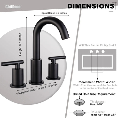 Illustration showing dimensions of Black Matte Widespread Bathroom Faucet with pop up drain, 8 inch, solid brass, swivel spout.