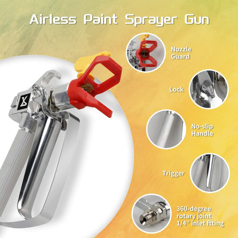 Airless Spray Gun For DIY Projects High Pressure 3600 PSI With 4 Swivel Joints And 6 Filters; close-up on nozzle and fittings.