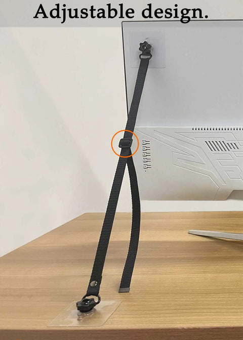 Two Pack Adjustable TV Safety Straps No Drill Adhesive Anti Tip Furniture Anchors securing monitor to desk