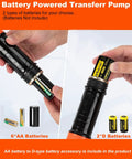 BestCosy battery-powered transfer pump; handheld siphon, two-panel view showing 6 AA and 2 D batteries.