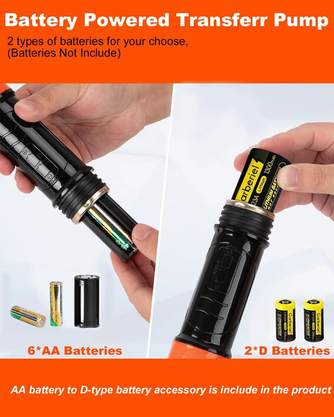 BestCosy battery-powered transfer pump; handheld siphon, two-panel view showing 6 AA and 2 D batteries.