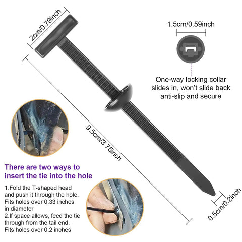 Upgraded T style zip tie from 335 Piece Bumper Retainer Clips And Push Pin Rivets Kit With Upgraded T Style Zip Ties For Door Trim Panels And Fenders Fits GM Ford Toyota Honda Chrysler And More shown with dimensions and installation instructions.