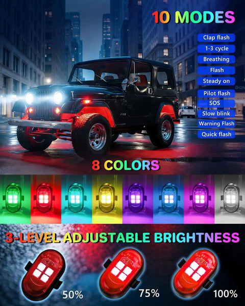 Upgraded Four Pack Wireless LED Lights For Car With Remote shown emitting multiple colors near a Jeep on city street at night.