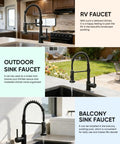 Heavy Duty Matte Black Kitchen Faucet With Smooth Operator Pull Down Sprayer And High Arc Spring Mount delivering dual spray settings for outdoor sink.