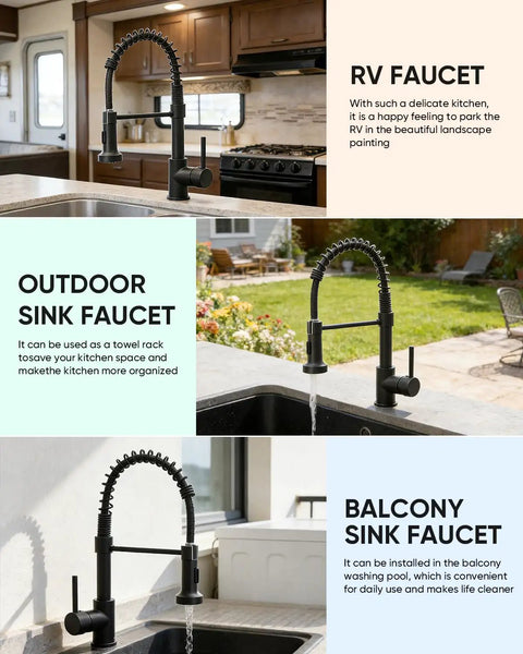 Heavy Duty Matte Black Kitchen Faucet With Smooth Operator Pull Down Sprayer And High Arc Spring Mount delivering dual spray settings for outdoor sink.