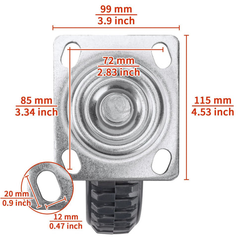 Top view of 4 Pack 8 Inch Heavy Duty Swivel Caster Wheels, 2 With Brake And 2 Without, 360 Degree Ball Bearing Plate Casters