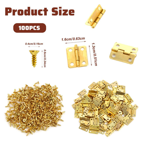 100 Piece Tiny Dollhouse Hinges Set With 180 Degree Mini Metal Hinge Hardware And 400 Screws for Wooden Boxes Cabinets Craft Projects