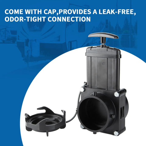 RV Gate Valve 3 Inch Hub to Lug with Cap, Glue-On for 3 Inch PVC Sewer Pipe, Black UV Resistant, Compatible with Valterra Camco Valves